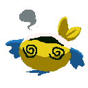 Image depicting a yellow fish with blue fins that is upside-down and dazed. 