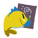 Image depicting a yellow fish with blue fins that is drawing. 