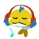 Image depicting a content-looking yellow fish with blue fins wearing headphones and listening to music. 