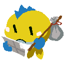 Image depicting a yellow fish with blue fins with a bindle who is looking at a map and frowning. 