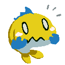 Image depicting a yellow fish with blue fins who looks to have been taken by surprise. 