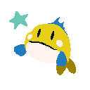 Image depicting a yellow fish with blue fins. A star is shown to the top-left. 