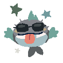 Image depicting a charcoal-coloured fish with light teal fins, wearing sunglasses, and poking out its tongue. Two stars are shown above it. 