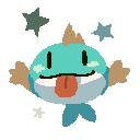 Image depicting a turquoise fish with brown fins poking out its tongue. Two stars are shown above it. 