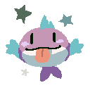 Image depicting a pink fish with light blue fins poking out its tongue. Two stars are shown above it.