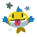 Image depicting a yellow fish with blue fins poking out its tongue. Two stars are shown above it. 